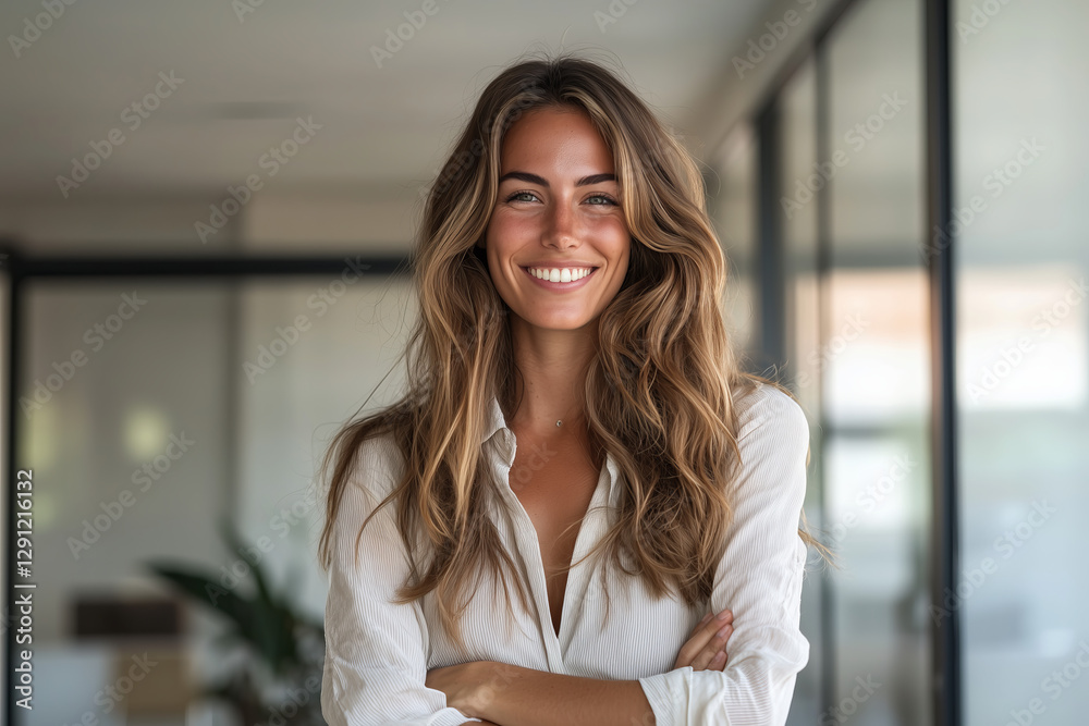 Captivating full body portrait of a beautiful woman with long wavy hair, smiling confidently indoors in a modern setting with natural light Captivating full body portrait of a beautiful woman with long wavy hair, smiling confidently indoors in a modern setting with natural light