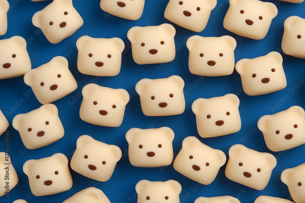 Cubed bear treats scattered on a blue surface for sweets ad, food blog, or background texture use Cubed bear treats scattered on a blue surface for sweets ad, food blog, or background texture use
