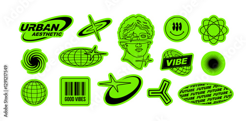 Y2K techno stickers pack of text quotes label collection in Acid green style (part 1). Aesthetic of retro futurism 2000s stickers with text.  Cyberpunk style elements