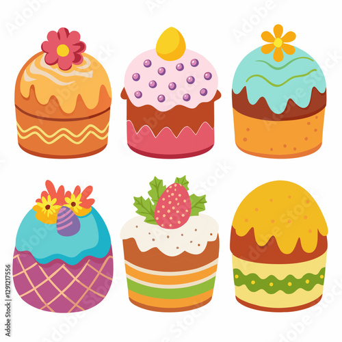 Set of traditional Easter cakes with icing and sprinkles. Easter celebration design for greeting card, invitation, poster.  Vector illustration on white background 