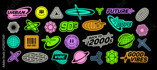 Y2K techno stickers pack of text quotes label collection. Aesthetic of retro futurism 2000s stickers with text. Colorful cyberpunk style sticker elements