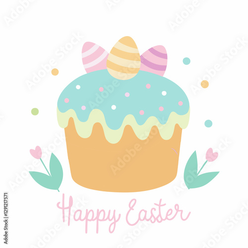 Happy Easter banner, poster, greeting card. Colorful traditional Easter cake with icing and sprinkles decorated  eggs in various colors. Vector illustration on white background 