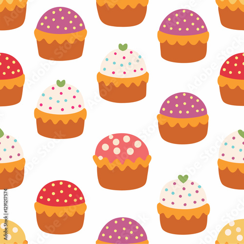 Set of colorful traditional Easter cakes with icing and sprinkles.Seamless patter background for wrapping and wallpaper. Vector illustration on white background 