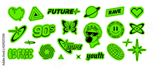 Perfect Y2K Asid stickers pack of text quotes label collection (part 3). Aesthetic of retro futurism 2000s stickers with text. Asid green cyberpunk style elements