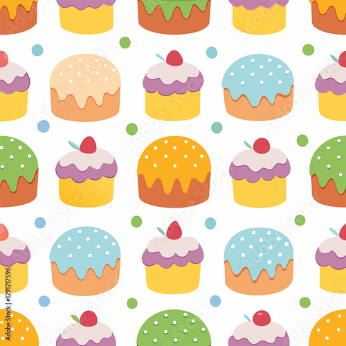 Set of colorful traditional Easter cakes with icing and sprinkles.Seamless patter background for wrapping and wallpaper. Vector illustration on white background 