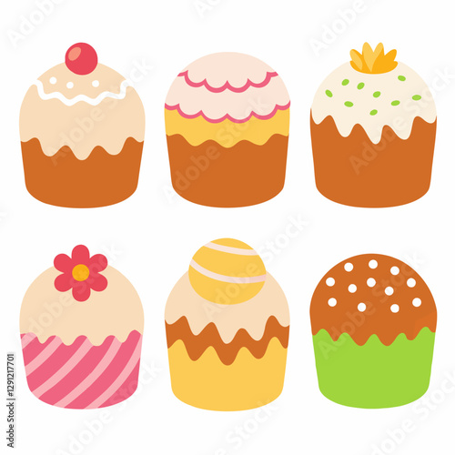 Set of traditional Easter cakes with icing and sprinkles. Easter celebration design for greeting card, invitation, poster.  Vector illustration on white background 