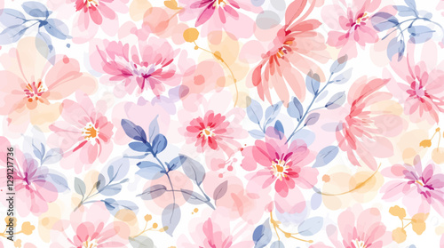 Floral seamless pattern with pink and purple flowers. Elegant and delicate floral design.