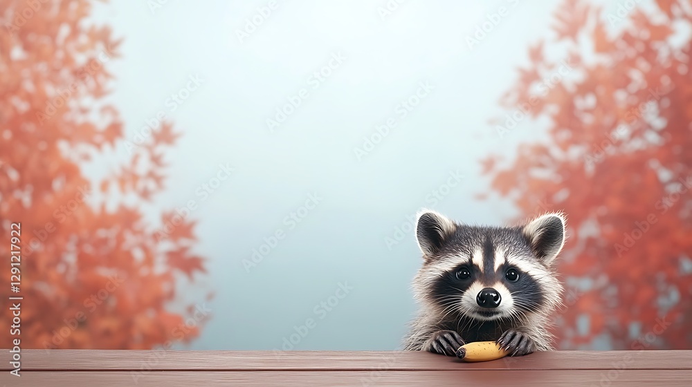 Fototapeta premium Curious raccoon peeks over a wooden table, autumn foliage background, stock photo use