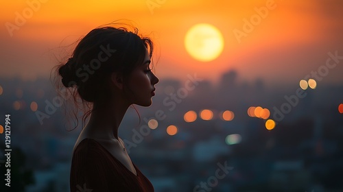 Silhouetted woman at sunset over city skyline