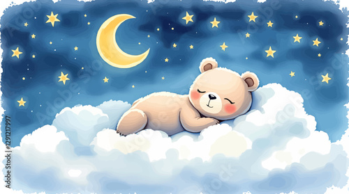 Cute teddy bear sleeps on a cloud, watercolor on a white isolated background	