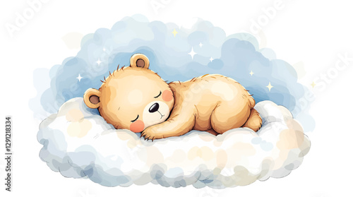 Cute teddy bear sleeps on a cloud, watercolor on a white isolated background
