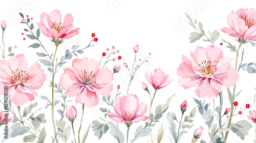 Pink Beautiful floral summer seamless pattern with watercolor hand drawn field wild flowers. Stock illustration