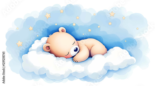 Cute teddy bear sleeps on a cloud, watercolor on a white isolated background