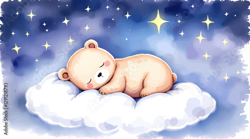 Cute teddy bear sleeps on a cloud, watercolor on a white isolated background