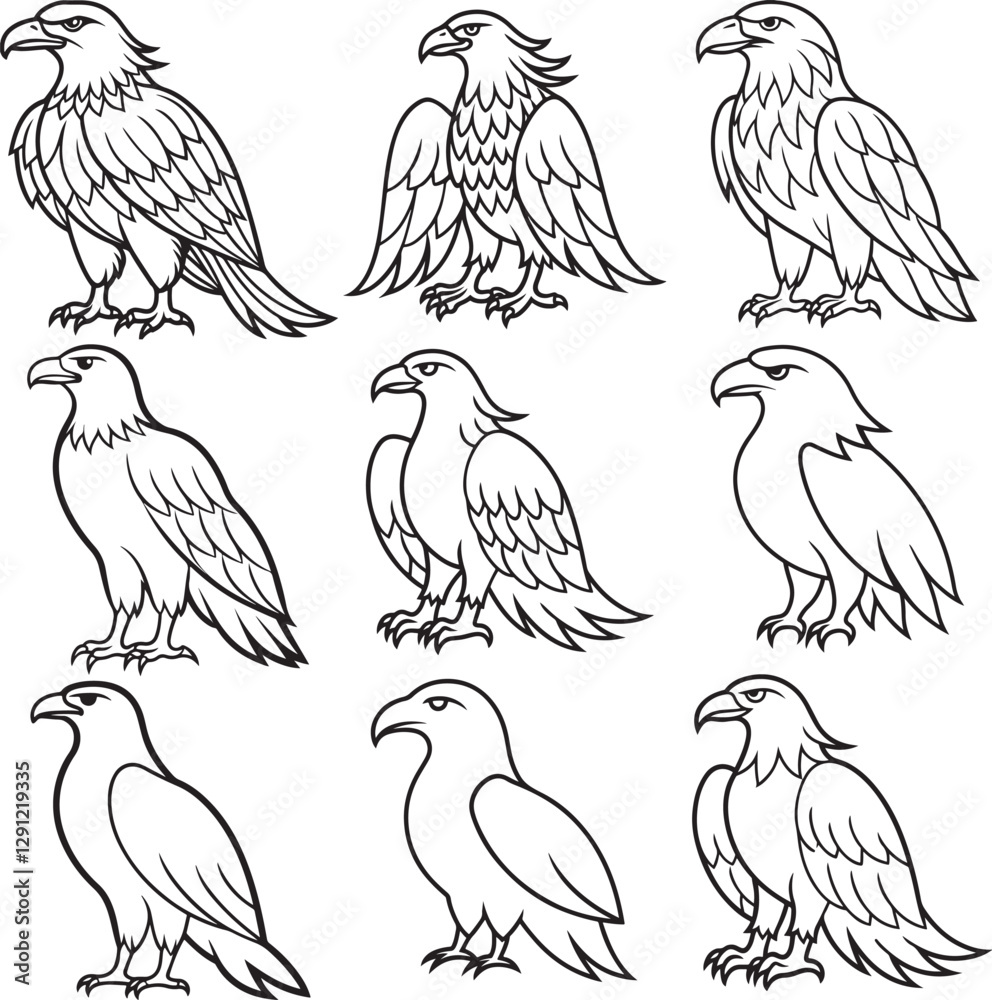 Naklejka premium Line art silhouette bird set icon design 