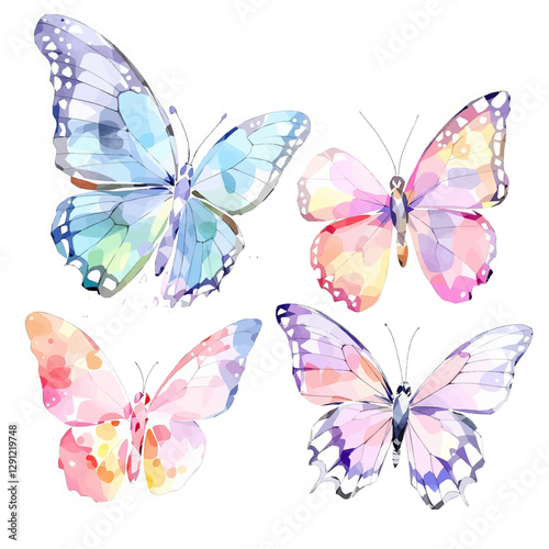 Butterfly collection. Watercolor illustration. Colorful butterflies clipart set. Baby shower design elements. Party invitation, birthday celebration. Spring, summer decor