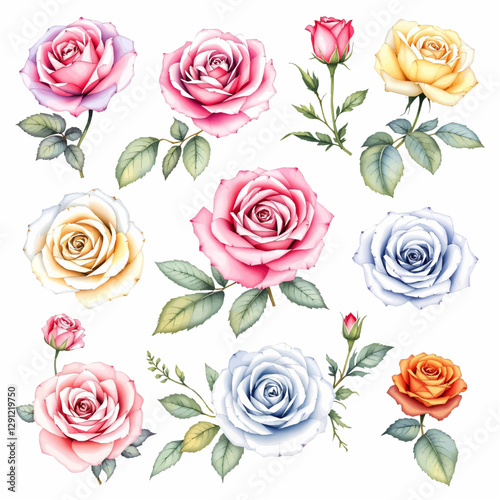 Watercolor Flowers rose set, hand-painted colorful flowers realistic for creative project, decor and design