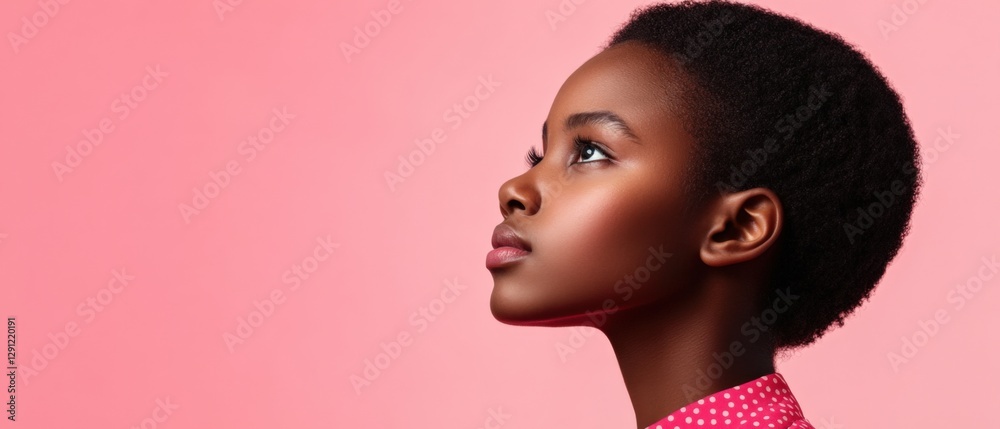 Obraz premium Young african american woman looking up on pink background