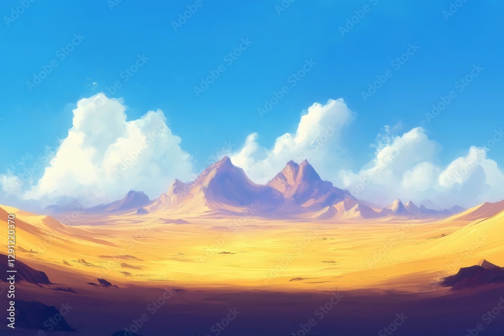 Fototapeta premium Expansive desert landscape featuring golden sand dunes and a brilliant blue sky, with distant mountains and fluffy white clouds enhancing the scene