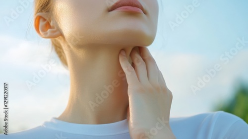 Woman with Hand on Neck Against Blue Sky