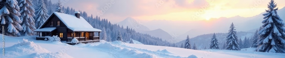 Naklejka premium Snowy landscape with a cozy cottage in the distance, serene, open, cottage