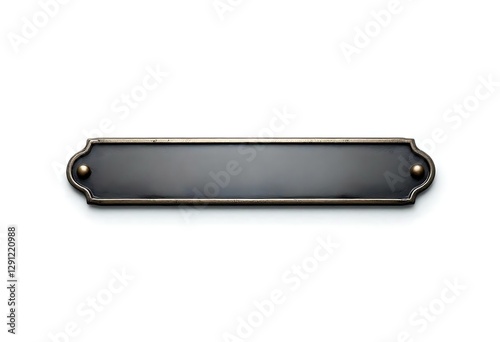 Metal dark grey bar shaped nameplate or name tag isolated on white background