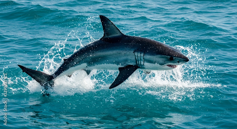 Fototapeta premium Great white shark breaching the ocean surface with power