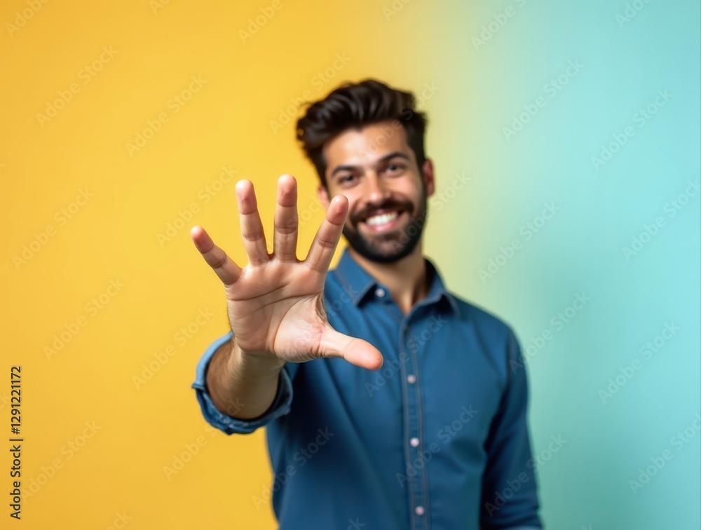 Fototapeta premium Smiling man showing five fingers on gradient background