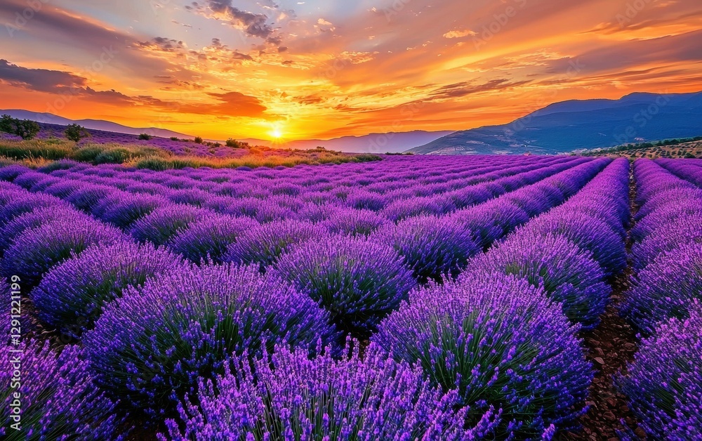 Fototapeta premium Vibrant lavender fields stretching under a golden evening sky