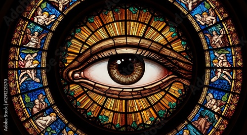 Stained glass window depicts an eye and winged figures
