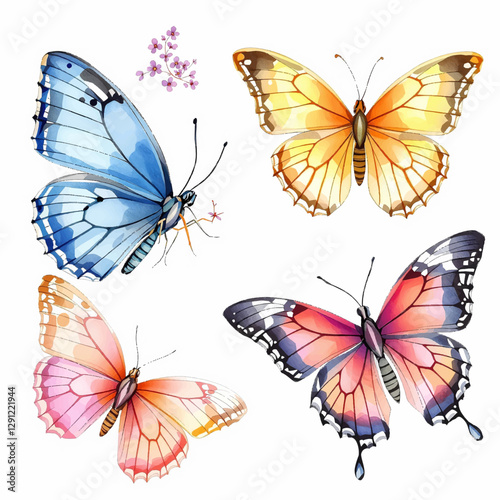 Butterfly collection. Watercolor illustration. Colorful butterflies clipart set. Baby shower design elements. Party invitation, birthday celebration. Spring, summer decor