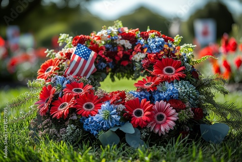 Memorial Day wreath and robbon amonst grass and bushes  photo