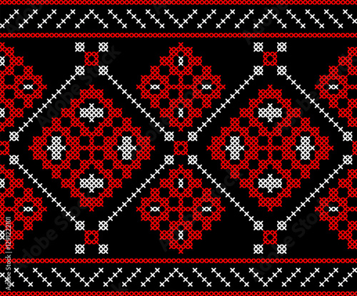 Traditional Ukrainian embroidery pattern with cross-stitch elements. Folk ornamental design inspired by authentic Ukrainian vyshyvanka motifs, perfect for textiles, backgrounds