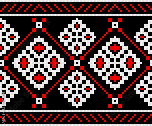 Traditional Ukrainian embroidery pattern with cross-stitch elements. Folk ornamental design inspired by authentic Ukrainian vyshyvanka motifs, perfect for textiles, backgrounds