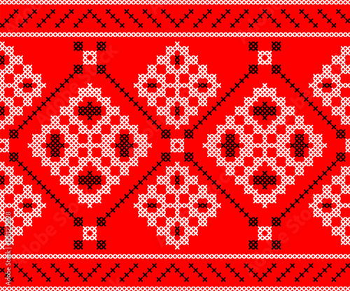 Traditional Ukrainian embroidery pattern with cross-stitch elements. Folk ornamental design inspired by authentic Ukrainian vyshyvanka motifs, perfect for textiles, backgrounds
