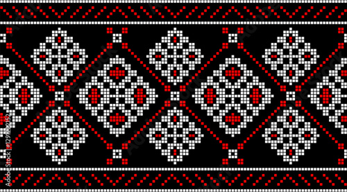 Traditional Ukrainian embroidery pattern with cross-stitch elements. Folk ornamental design inspired by authentic Ukrainian vyshyvanka motifs, perfect for textiles, backgrounds