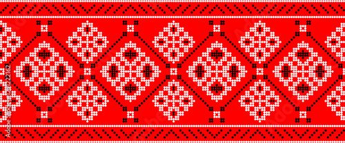 Traditional Ukrainian embroidery pattern with cross-stitch elements. Folk ornamental design inspired by authentic Ukrainian vyshyvanka motifs, perfect for textiles, backgrounds