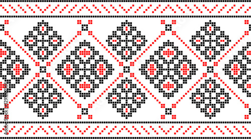 Traditional Ukrainian embroidery pattern with cross-stitch elements. Folk ornamental design inspired by authentic Ukrainian vyshyvanka motifs, perfect for textiles, backgrounds