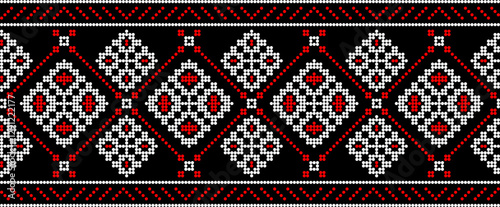 Traditional Ukrainian embroidery pattern with cross-stitch elements. Folk ornamental design inspired by authentic Ukrainian vyshyvanka motifs, perfect for textiles, backgrounds