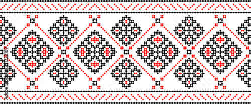 Traditional Ukrainian embroidery pattern with cross-stitch elements. Folk ornamental design inspired by authentic Ukrainian vyshyvanka motifs, perfect for textiles, backgrounds