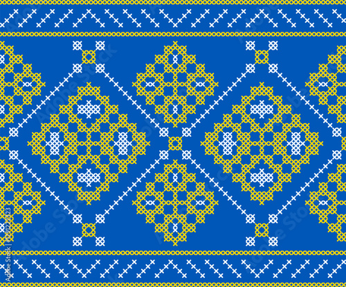 Traditional Ukrainian embroidery pattern with cross-stitch elements. Folk ornamental design inspired by authentic Ukrainian vyshyvanka motifs, perfect for textiles, backgrounds