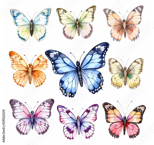 Butterfly collection. Watercolor illustration. Colorful butterflies clipart set. Baby shower design elements. Party invitation, birthday celebration. Spring, summer decor