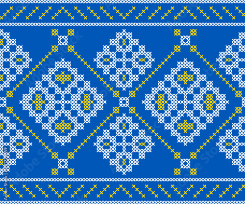 Traditional Ukrainian embroidery pattern with cross-stitch elements. Folk ornamental design inspired by authentic Ukrainian vyshyvanka motifs, perfect for textiles, backgrounds