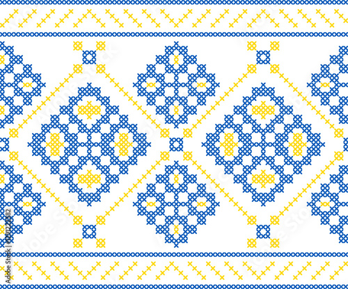 Traditional Ukrainian embroidery pattern with cross-stitch elements. Folk ornamental design inspired by authentic Ukrainian vyshyvanka motifs, perfect for textiles, backgrounds