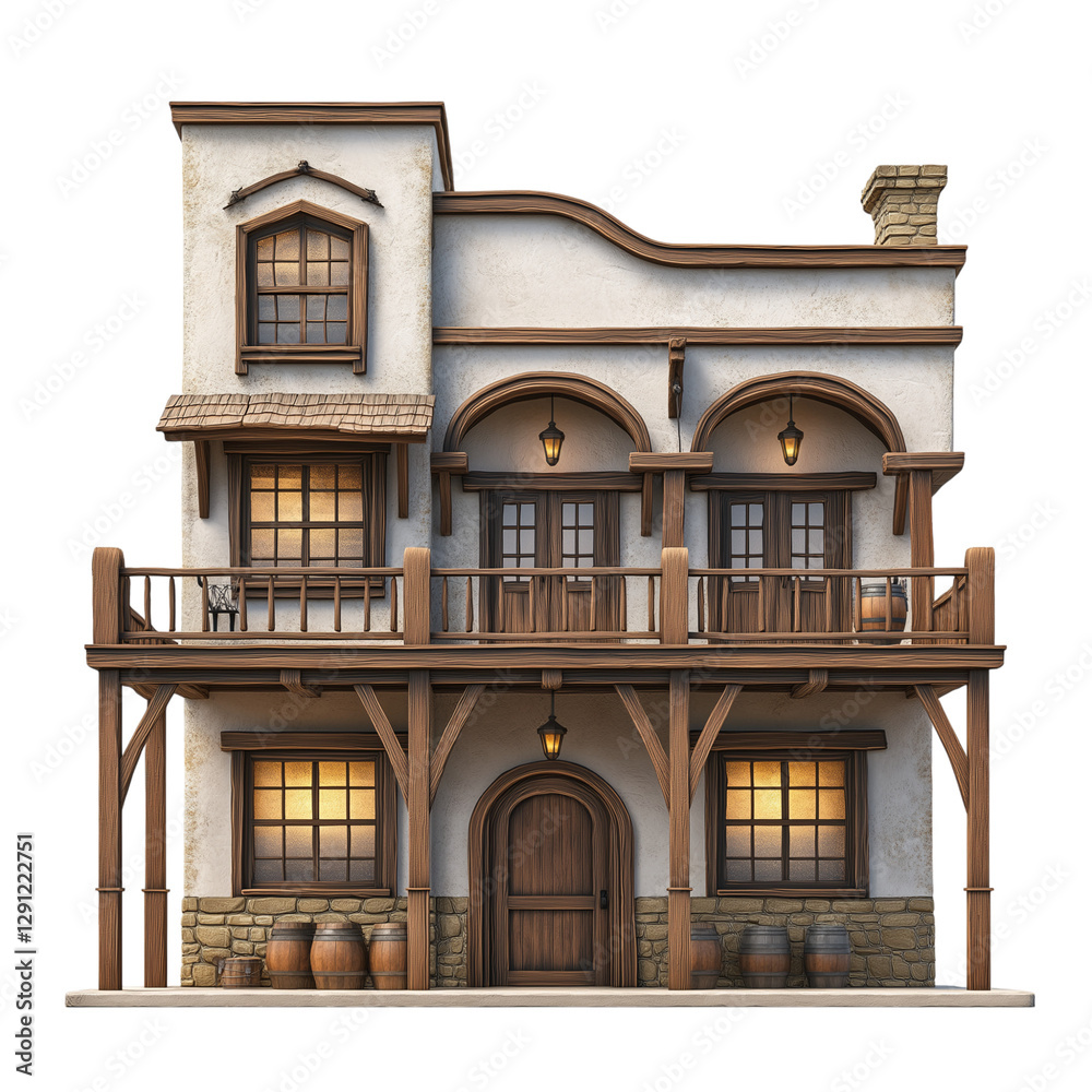 3D game item of an old western-style wooden saloon, isolated on a white background, designed for use in games, digital art, and thematic projects, reflecting rustic and vintage western aesthetics