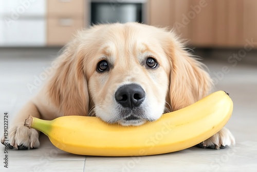 Golden retriever lying on floor with banana, looking at camera, indoor, used for pet food ads