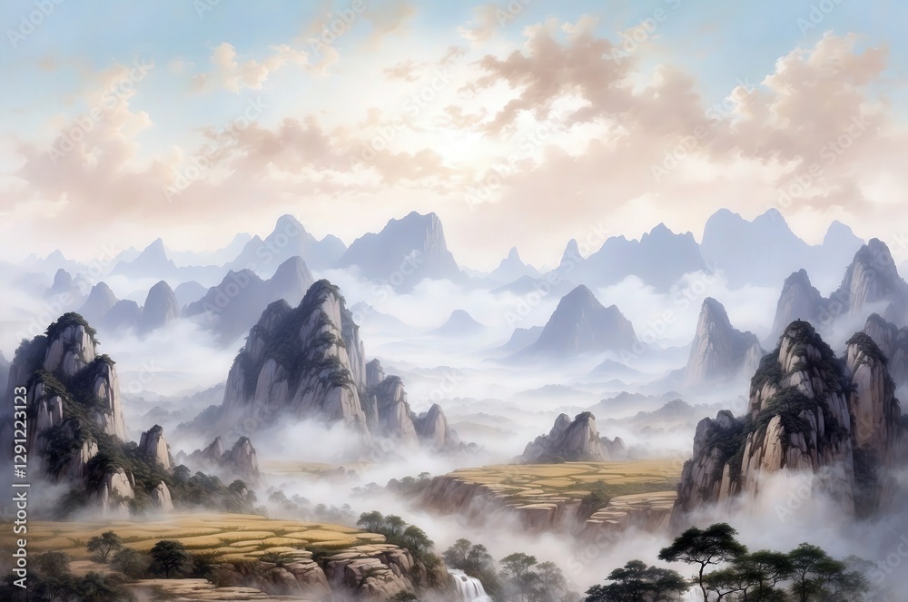 Fototapeta premium Misty mountain landscape at dawn with rolling hills and soft clouds in a serene natural setting