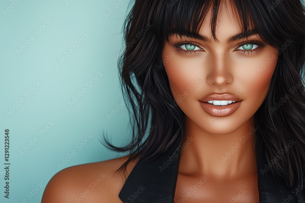 Fototapeta premium Captivating portrait of a stunning businesswoman with tanned skin and striking green eyes, exuding confidence and professionalism against a soft blue background