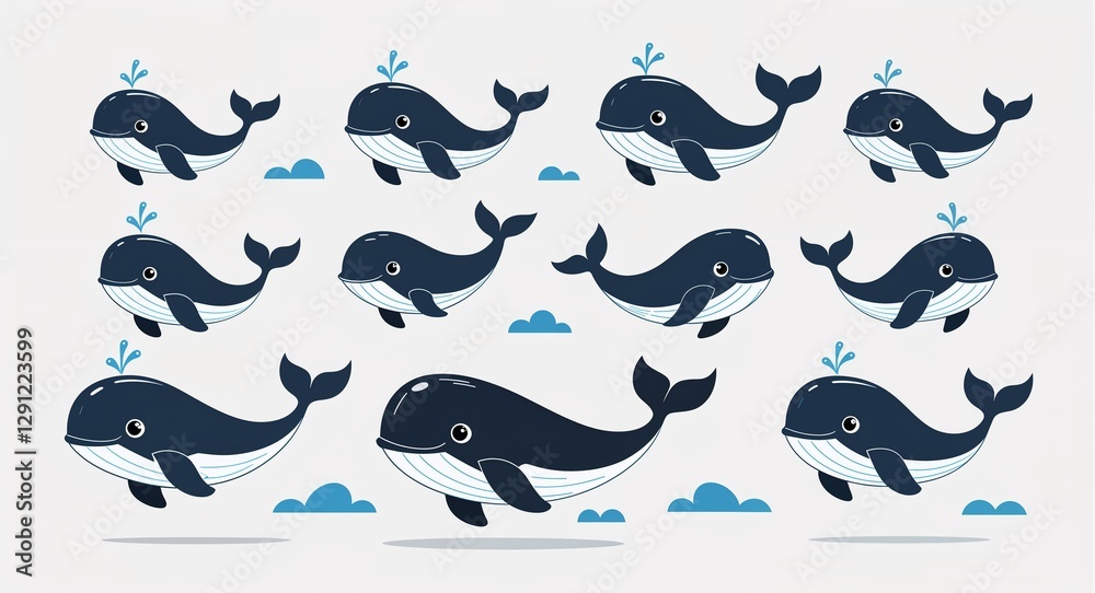 Fototapeta premium Set bundle of whale minimalist childish style illustration on plain white background