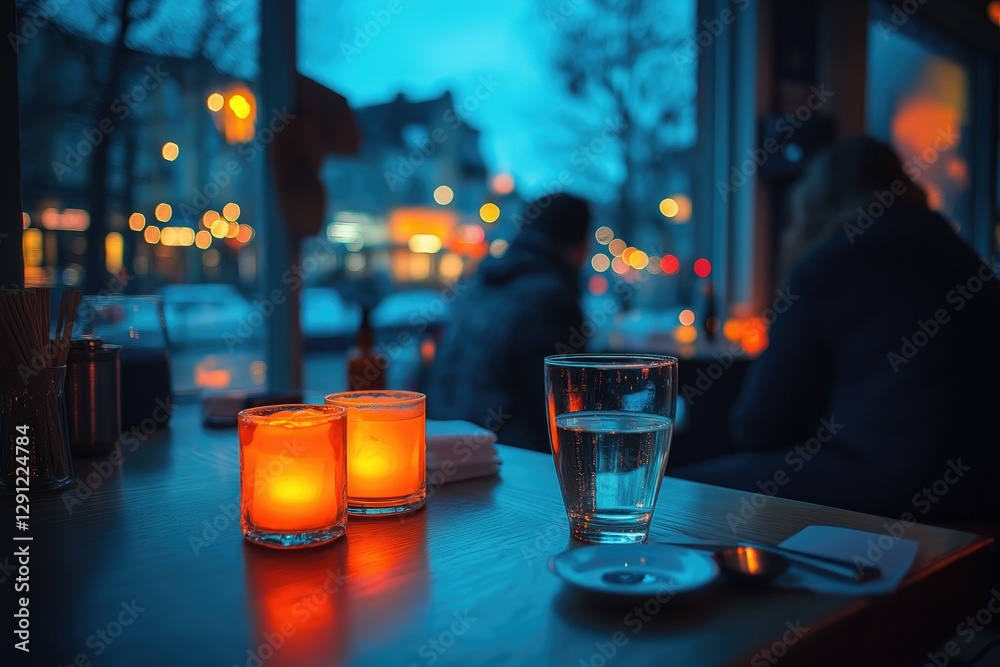 Warmly lit bar counter featuring glowing drinks and a cozy atmosphere during a serene evening. Warmly lit bar counter featuring glowing drinks and a cozy atmosphere during a serene evening.